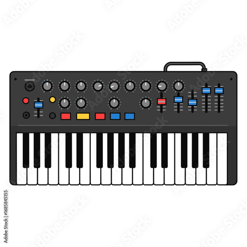 Compact synthesizer keyboard with colorful knobs and keys  