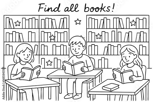 Simple line drawing of a library with bookshelves and children reading including hidden books for kids puzzle.