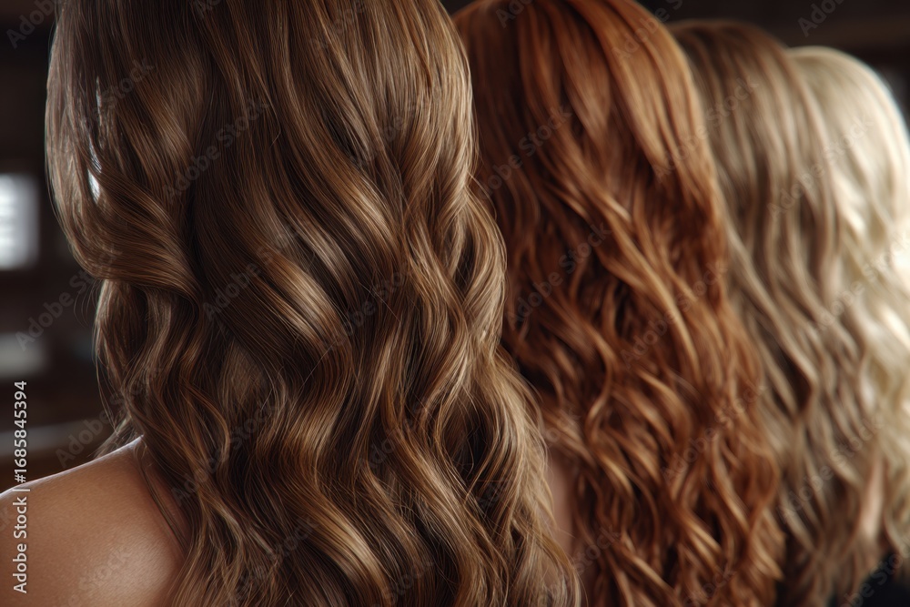 Naklejka premium Close-up of diverse wavy hair showcasing shades of brunette, red, and blonde, perfect for haircare and beauty concepts.