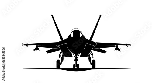 Silhouette of a modern fighter jet aircraft with its landing gear down on a stark white background viewed from the front