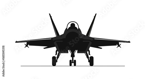 Silhouette of a modern stealth fighter jet aircraft viewed from the front on a stark white background with landing gear down