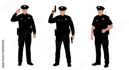 Three police officers in uniform standing in different poses on a white background one saluting one holding a gun one standing at attention