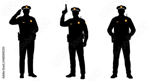 Three silhouetted police officers in uniform standing against a white background in different poses