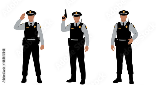 Three police officers in uniform demonstrating different poses including saluting holding a gun and standing at attention isolated on white background