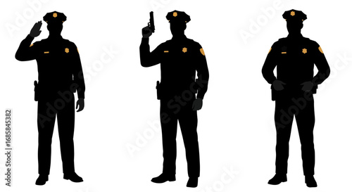 Silhouette of three police officers in uniform standing against a white background in different poses including saluting and holding a firearm