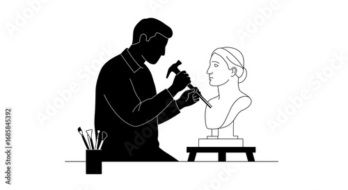 Artist silhouette carving a marble bust of a woman with hammer and chisel on a pedestal with tools nearby