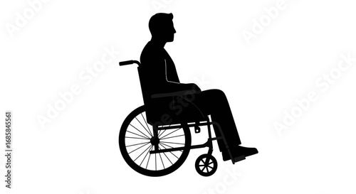 Silhouette of a man sitting in a wheelchair viewed from the side on a white background representing accessibility and mobility