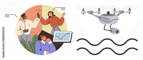 Professionals celebrating teamwork achievements with analytics and trending data, paired with modern surveillance Quadcopter infrastructure. Ideal for innovation, tech, business strategy