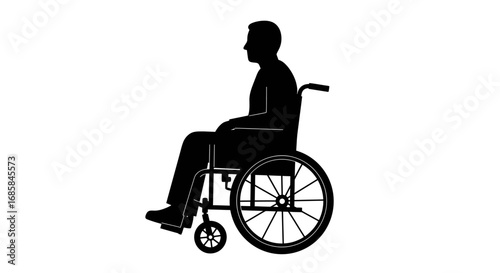 Silhouette of a person sitting in a wheelchair viewed from the side against a white background symbolizing disability and mobility challenges