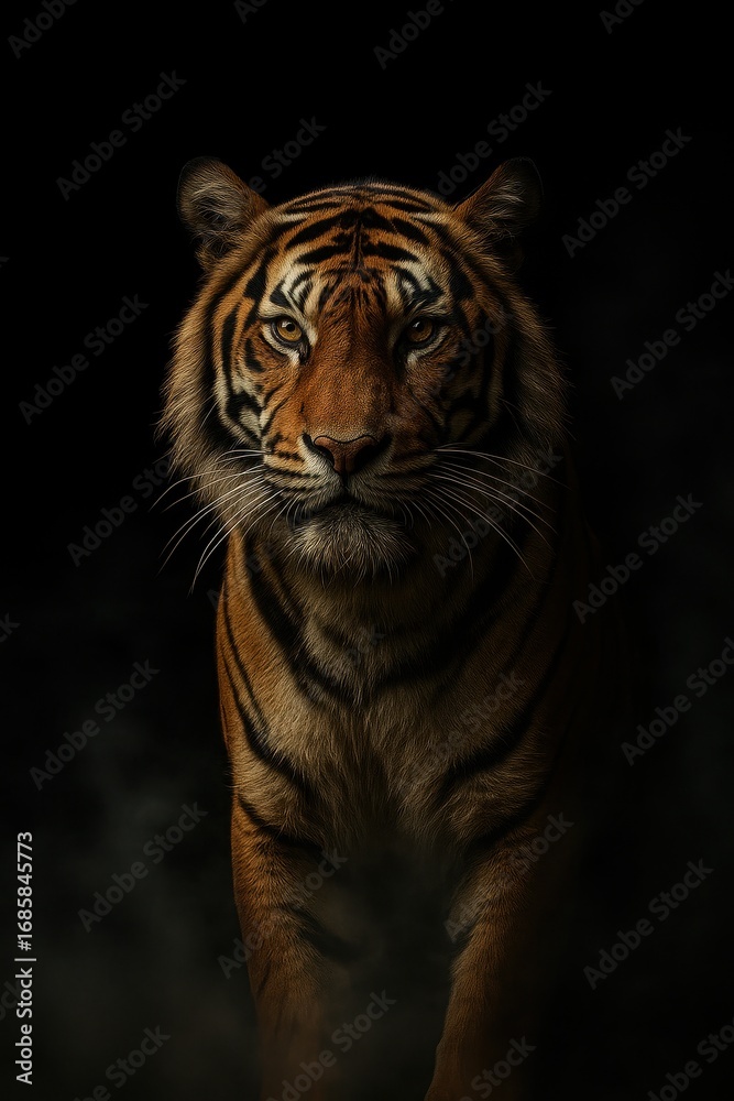 Fototapeta premium Majestic Bengal tiger emerging from morning mist in dramatic black studio lighting for wildlife conservation