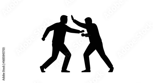 Silhouette of two men in a dynamic confrontation one pushing the other away in a clear depiction of conflict or disagreement
