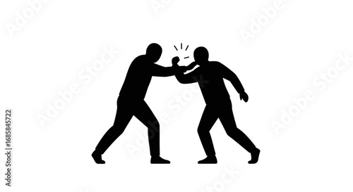 Silhouettes of two men engaged in a physical fight with fists raised in a dynamic motion against a white background