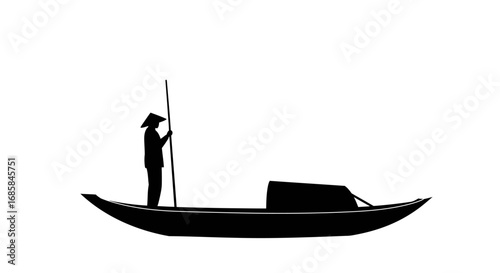 Silhouette of a solitary fisherman standing on a small boat holding a long pole against a stark white background