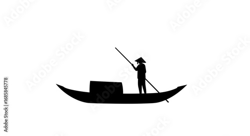 Silhouette of a lone person wearing a conical hat rowing a traditional boat across a calm body of water