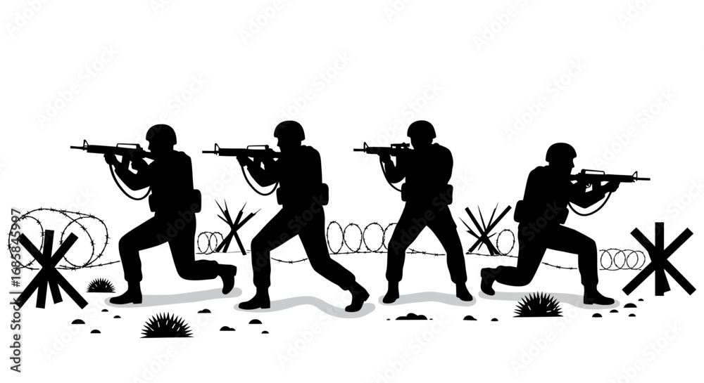 Obraz premium Silhouette of soldiers in uniform holding rifles and advancing through barbed wire obstacles isolated on white background