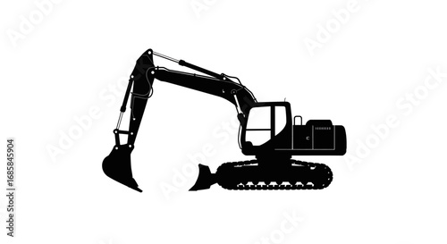 Black silhouette of a heavy duty excavator with a large bucket and tracks isolated on a clean white background for construction and industry concepts isolated on white background