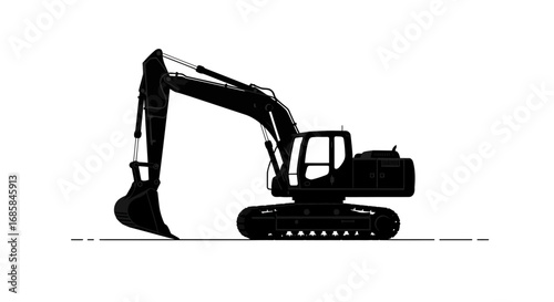 Black silhouette of a heavy duty excavator with a large bucket and tracks isolated on a clean white background for construction and industry concepts isolated on white background