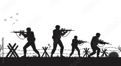 Silhouette of soldiers in uniform holding rifles and advancing through barbed wire obstacles isolated on white background
