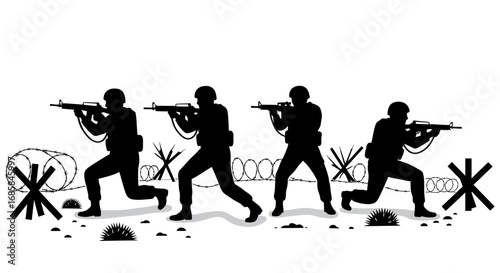 Silhouette of soldiers in uniform holding rifles and advancing through barbed wire obstacles isolated on white background
