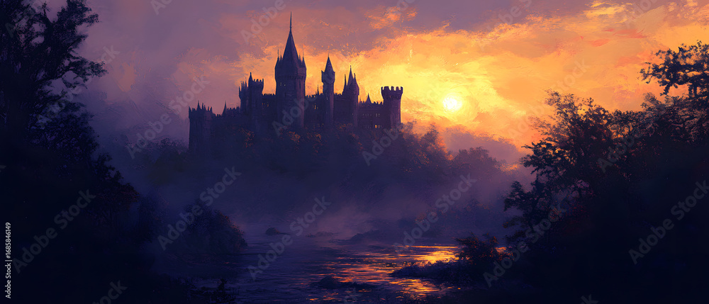Fototapeta premium Magical Medieval Castle at Sunset: Reflections and Eerie Silhouettes in a Mystical Landscape