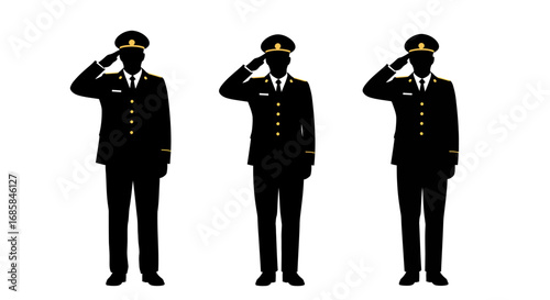 Three military officers in uniform standing at attention and saluting in silhouette isolated on white background