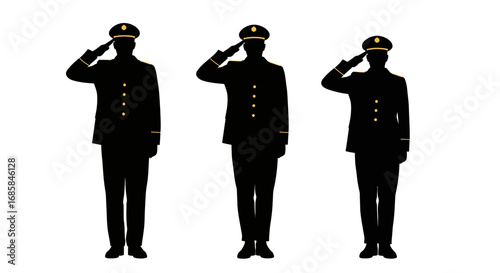 Three military officers in uniform standing at attention and saluting in silhouette isolated on white background
