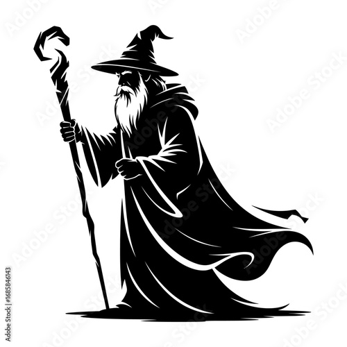 wizard with staff silhouette standing pose vector art