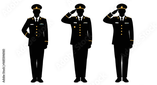 Three military officers in uniform standing at attention and saluting in silhouette isolated on white background