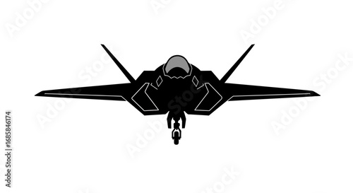 Modern stealth fighter jet in a dramatic black silhouette against a clean white background isolated on white background