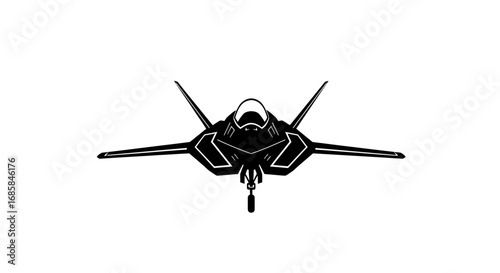 Modern stealth fighter jet in a dramatic black silhouette against a clean white background isolated on white background