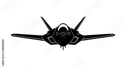 Modern stealth fighter jet in a dramatic black silhouette against a clean white background isolated on white background