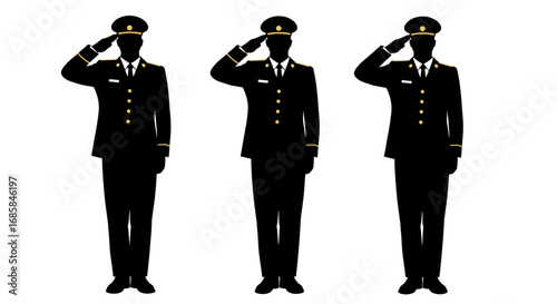 Three military officers in uniform standing at attention and saluting in silhouette isolated on white background
