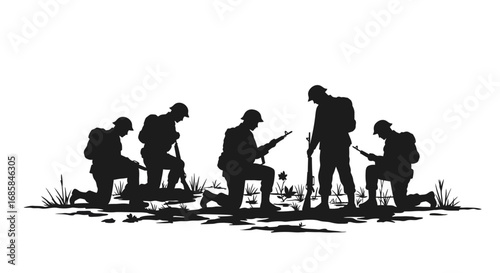 Silhouette of soldiers in uniform with rifles standing and kneeling on a battlefield with graves isolated on white background