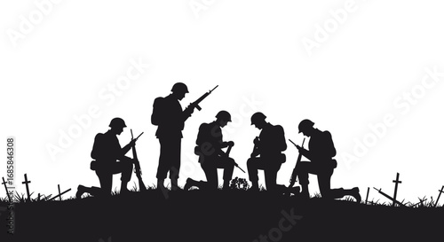 Silhouette of soldiers in uniform with rifles standing and kneeling on a battlefield with graves isolated on white background