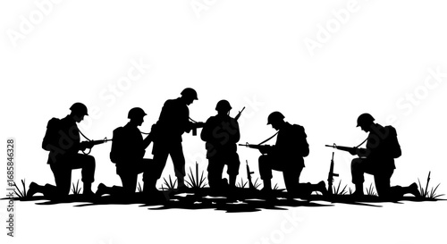 Silhouette of soldiers in uniform with rifles standing and kneeling on a battlefield with graves isolated on white background