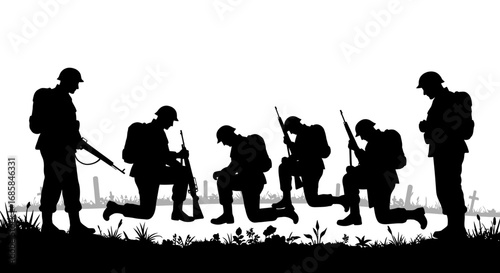 Silhouette of soldiers in uniform with rifles standing and kneeling on a battlefield with graves isolated on white background