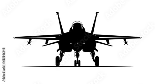Front view silhouette of a modern fighter jet aircraft with landing gear deployed isolated on white background