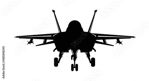 Front view silhouette of a modern fighter jet aircraft with landing gear deployed isolated on white background