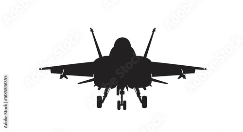 Front view silhouette of a modern fighter jet aircraft with landing gear deployed isolated on white background