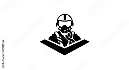 A striking black silhouette of a fighter pilot wearing a helmet and oxygen mask isolated on white background