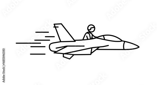 Stylized silhouette of a fighter jet with a pilot in the cockpit flying at high speed isolated on white background