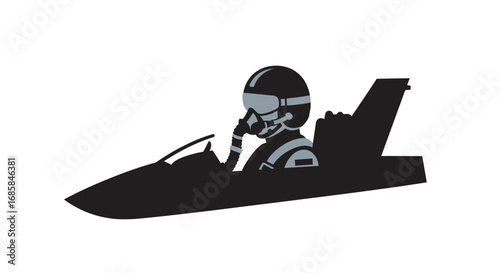 Stylized silhouette of a fighter jet with a pilot in the cockpit flying at high speed isolated on white background
