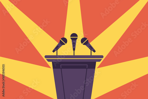 Podium microphones speech announcement conference presentation event stage news talk
