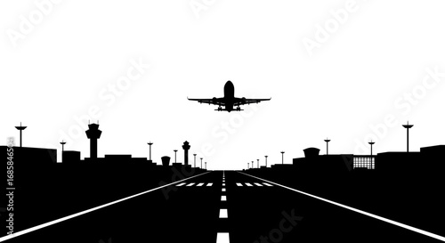 Dramatic silhouette of an airplane landing on a runway at an airport with control towers and buildings isolated on white background silhouette