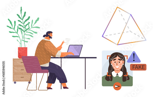 Woman works at table with laptop, analyzing data. Nearby, deepfake alert and geometrical pyramid. Ideal for technology, deepfake, AI, fraud prevention, e-learning mathematics simple flat metaphor