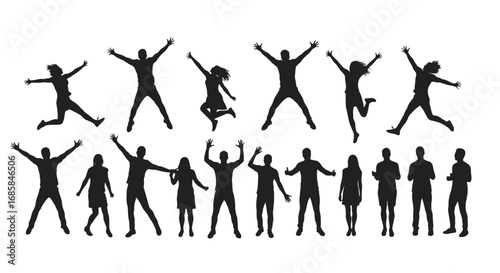 Energetic crowd of diverse people celebrating and dancing with arms raised in a dynamic silhouette isolated on white background
