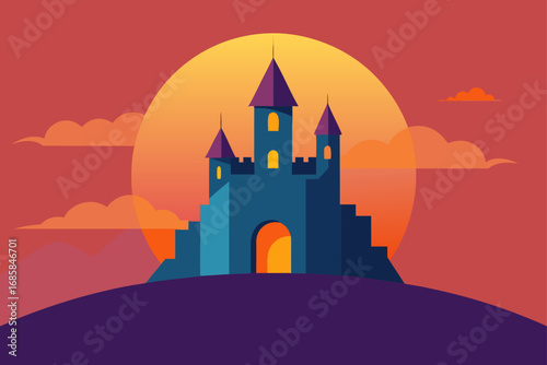 A vector illustration of a spooky castle and church silhouette against a dark, moonlit sky