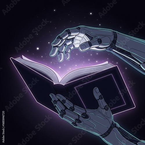 Robotic Hands Holding an Open Glowing Magic Book in Deep Space Illustration