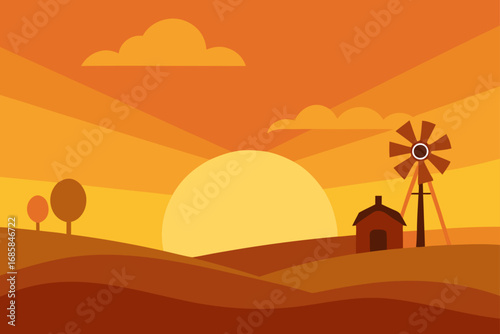 Vibrant orange and yellow hues fill the sky as the sun sets over a vast desert landscape with silhouetted mountains and a lone tree on the horizon