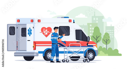 Emergency Medical Service: Paramedic with patient near ambulance for urgent care